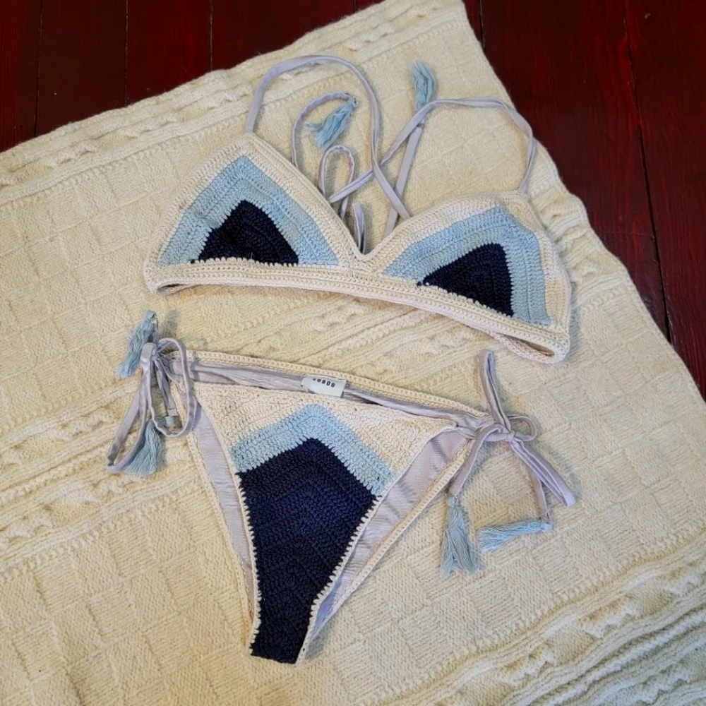 Suboo Crochet Chevron Bikini Set Blue size Large - Picture 4 of 9